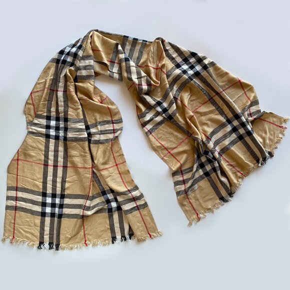 Burberry London Nova Check Beige Scarf Silk Blend Fringed Edge Lightweight - Picture 1 of 11